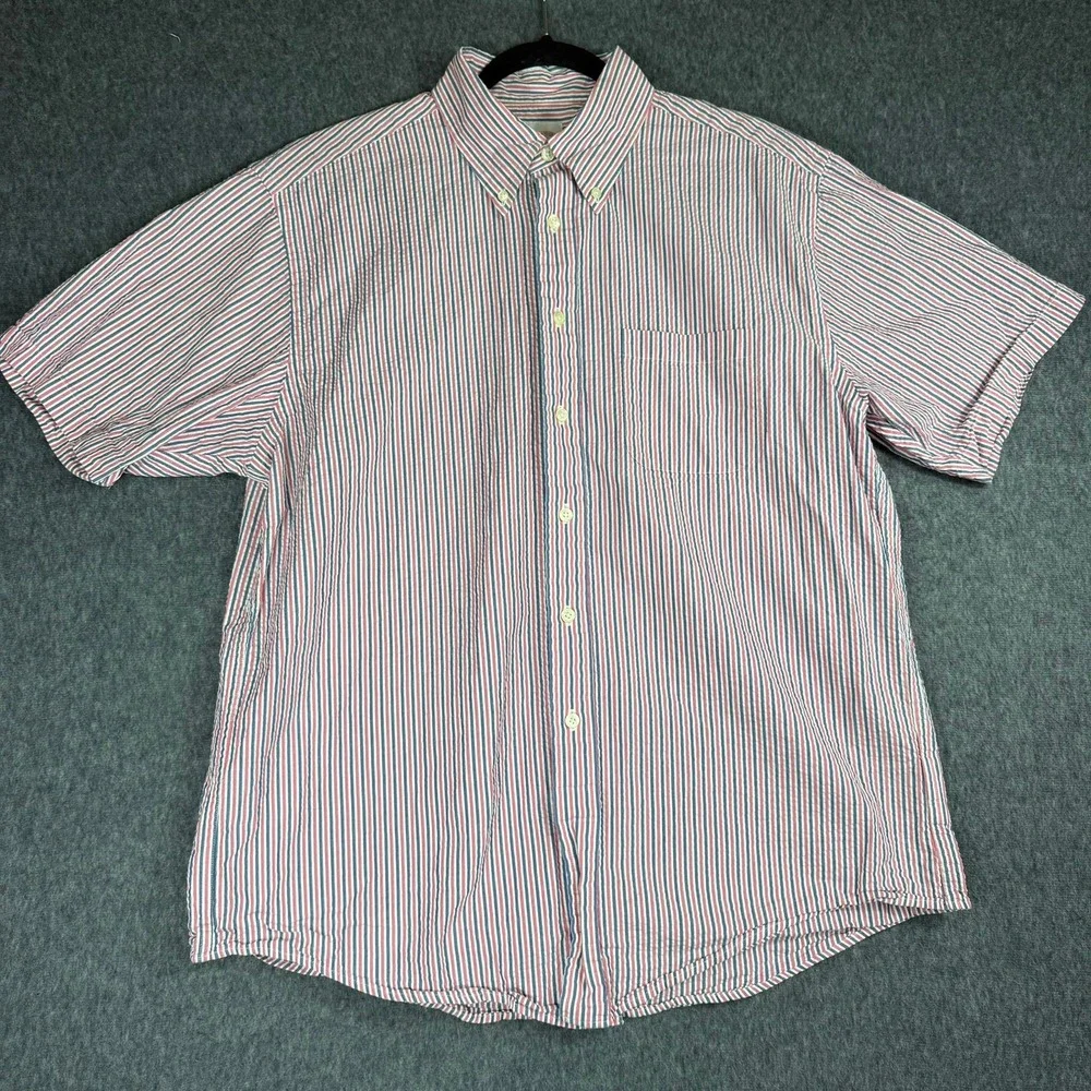 Brooks Brothers Shirt Mens L 346 Pink White Blue Seersucker Striped Short Sleeve